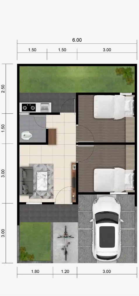 Denah rumah dengan dua kamar tidur